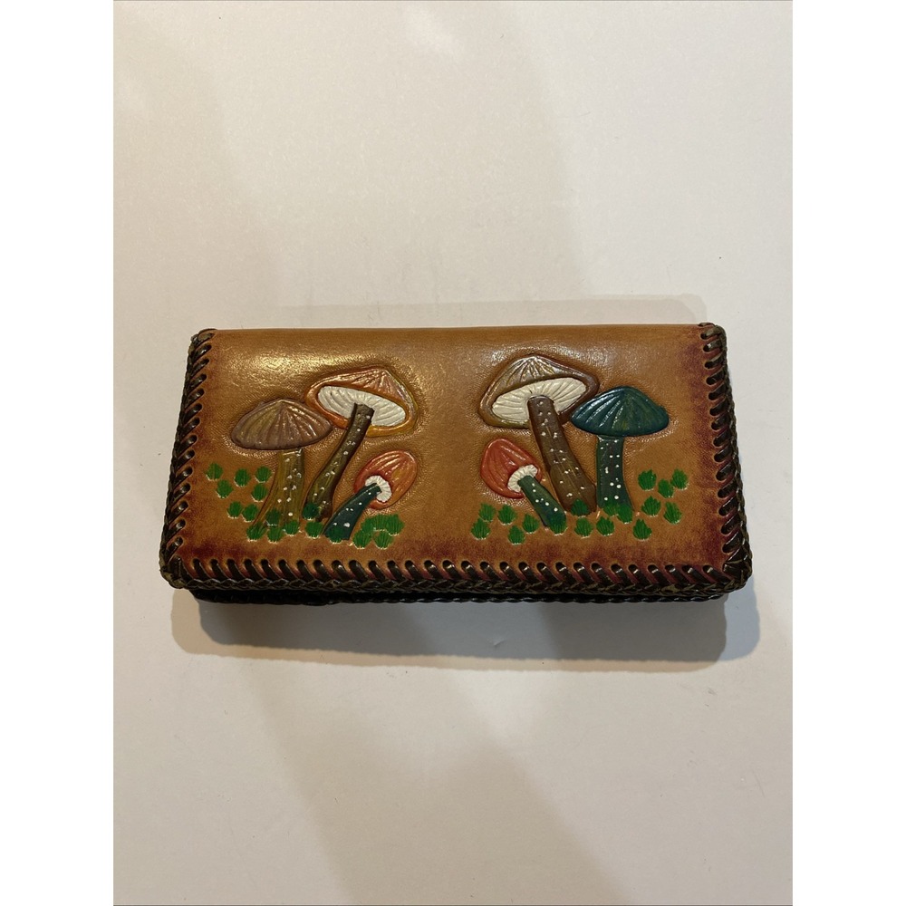 Vintage Mushrooms Leather Hand Painted Embossed And Painted Wallet Retro Rare